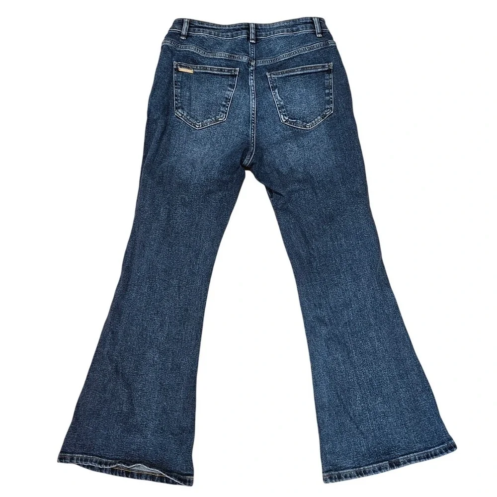 Michael Kors Womens Dark Wash Flare Jeans Gold‎ Button Wide Leg High Rise Size 8